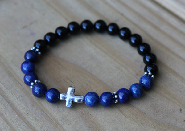 Lapis Lazuli and Black Onyx Cross Bracelet